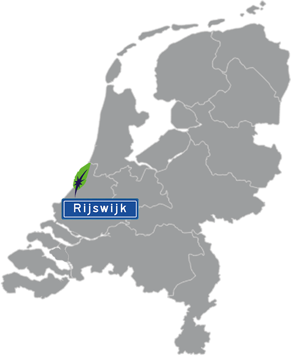 Grijze kaart van Nederland met Rijswijk aangegeven voor maatwerk taalcursus Duits zakelijk - blauw plaatsnaambord met witte letters en Dagnall veer - transparante achtergrond - 600 * 733 pixels